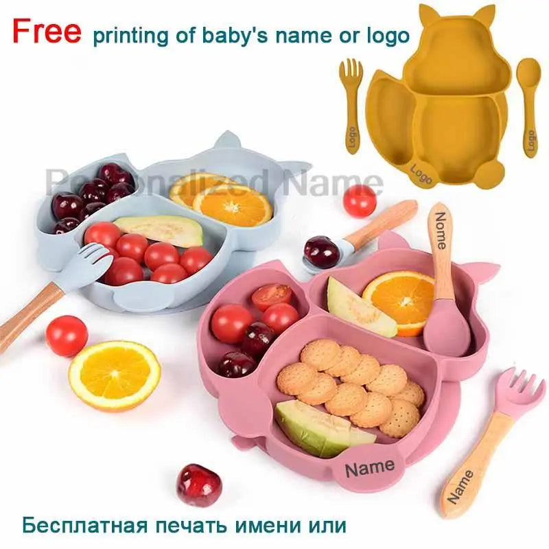 Free Custom Logo Baby Soft Silicone Sucker Bowl Plate Non-slip Squirrel Spoon Fork Sets Children's FeedingTableware  BPA Free