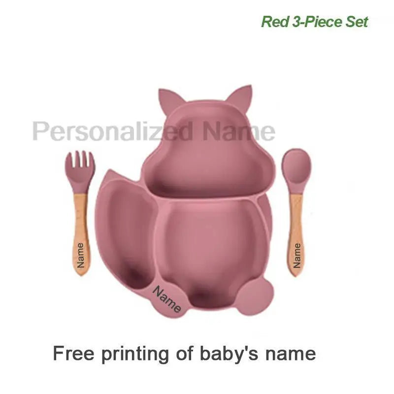 Free Custom Logo Baby Soft Silicone Sucker Bowl Plate Non-slip Squirrel Spoon Fork Sets Children's FeedingTableware  BPA Free