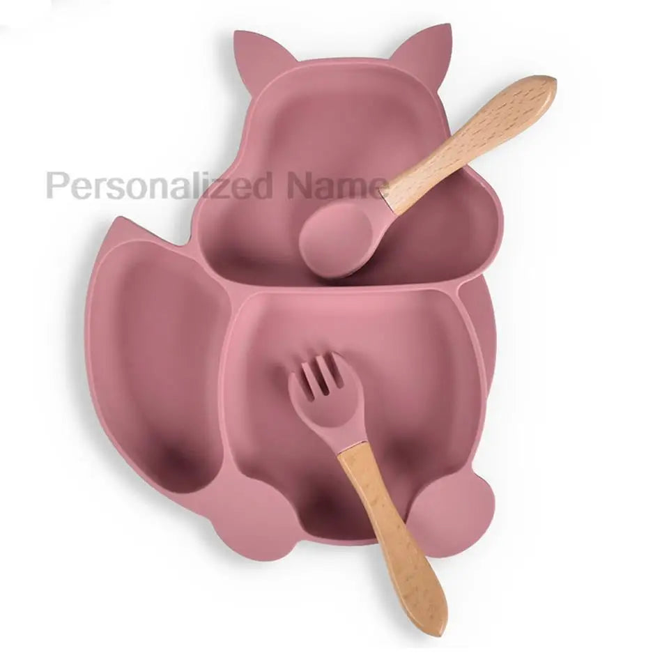 Free Custom Logo Baby Soft Silicone Sucker Bowl Plate Non-slip Squirrel Spoon Fork Sets Children's FeedingTableware  BPA Free