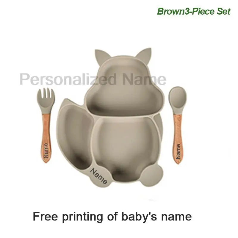 Free Custom Logo Baby Soft Silicone Sucker Bowl Plate Non-slip Squirrel Spoon Fork Sets Children's FeedingTableware  BPA Free