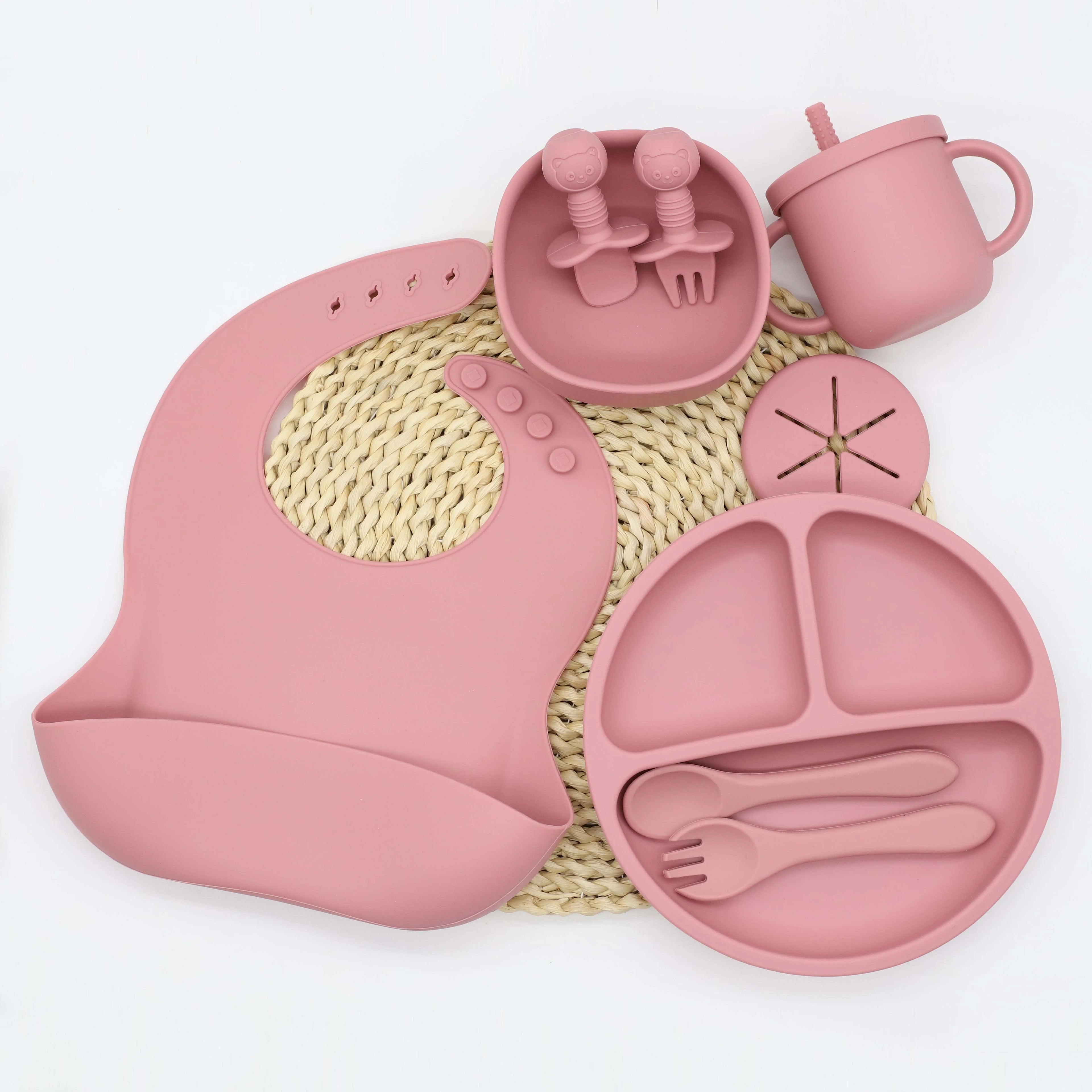 9pcs baby silicone tableware set, bib, dining plate, bowl with suction cup, 2-in-1 water cup, snack cup, spoon and fork