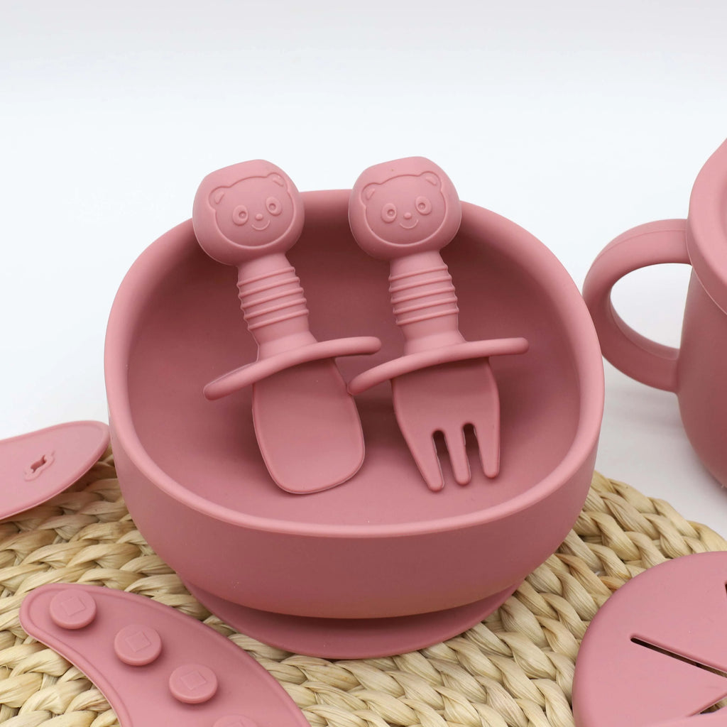 9pcs baby silicone tableware set, bib, dining plate, bowl with suction cup, 2-in-1 water cup, snack cup, spoon and fork