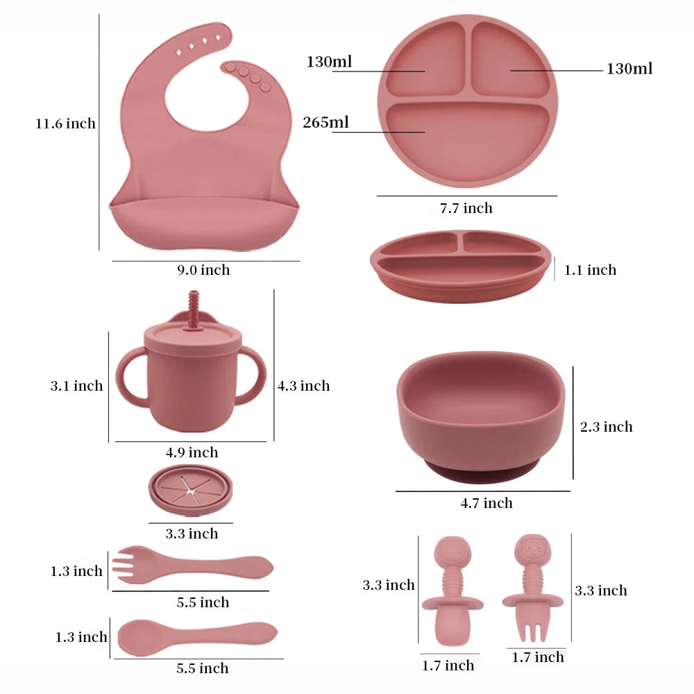 9pcs baby silicone tableware set, bib, dining plate, bowl with suction cup, 2-in-1 water cup, snack cup, spoon and fork