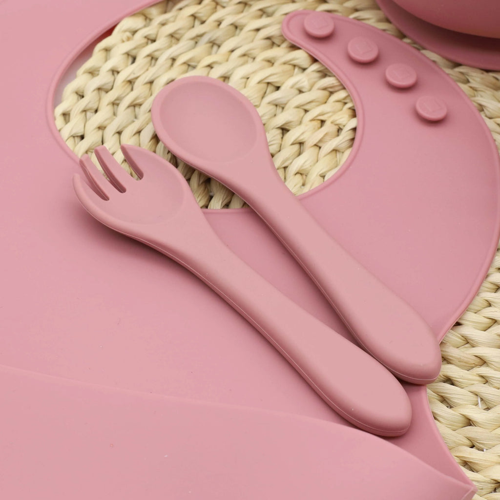 9pcs baby silicone tableware set, bib, dining plate, bowl with suction cup, 2-in-1 water cup, snack cup, spoon and fork