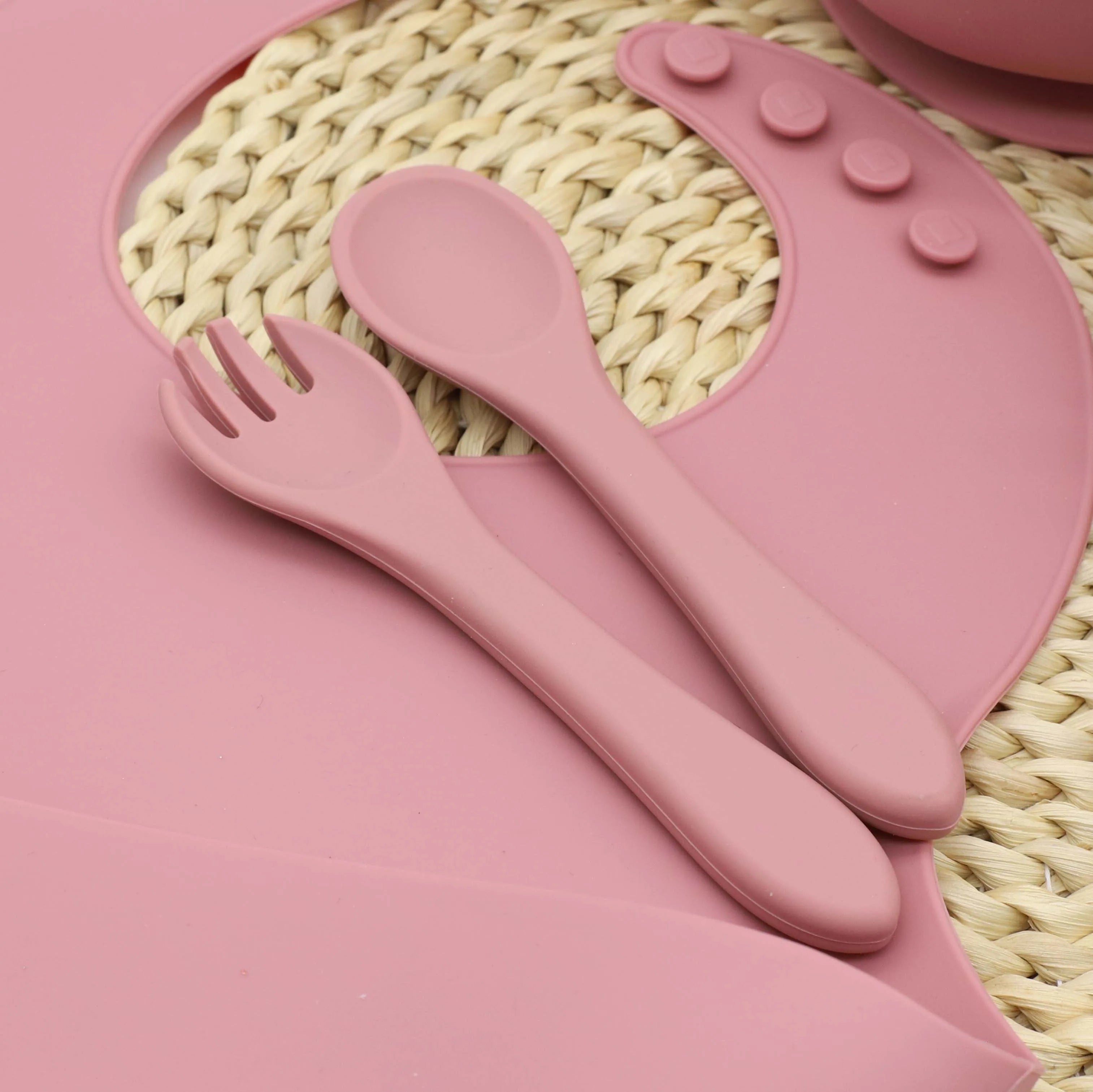 9pcs baby silicone tableware set, bib, dining plate, bowl with suction cup, 2-in-1 water cup, snack cup, spoon and fork