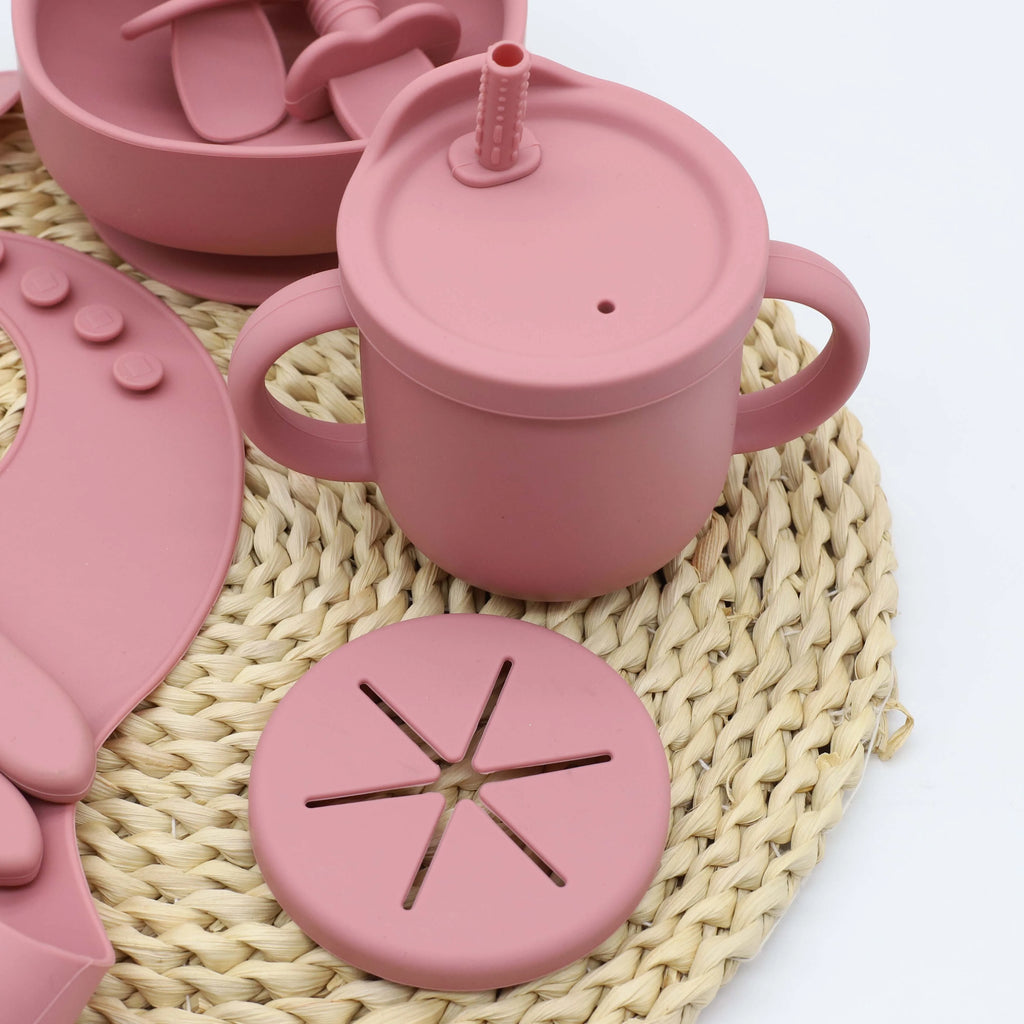 9pcs baby silicone tableware set, bib, dining plate, bowl with suction cup, 2-in-1 water cup, snack cup, spoon and fork