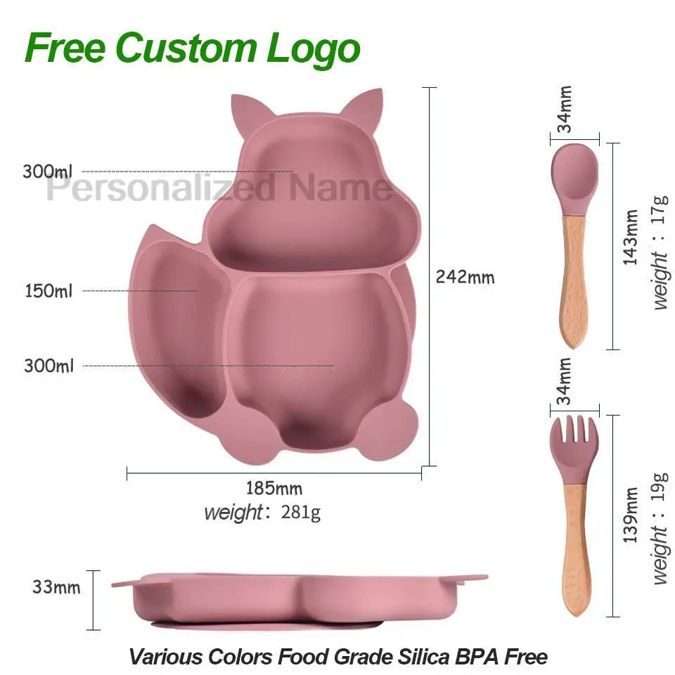 Free Custom Logo Baby Soft Silicone Sucker Bowl Plate Non-slip Squirrel Spoon Fork Sets Children's FeedingTableware  BPA Free