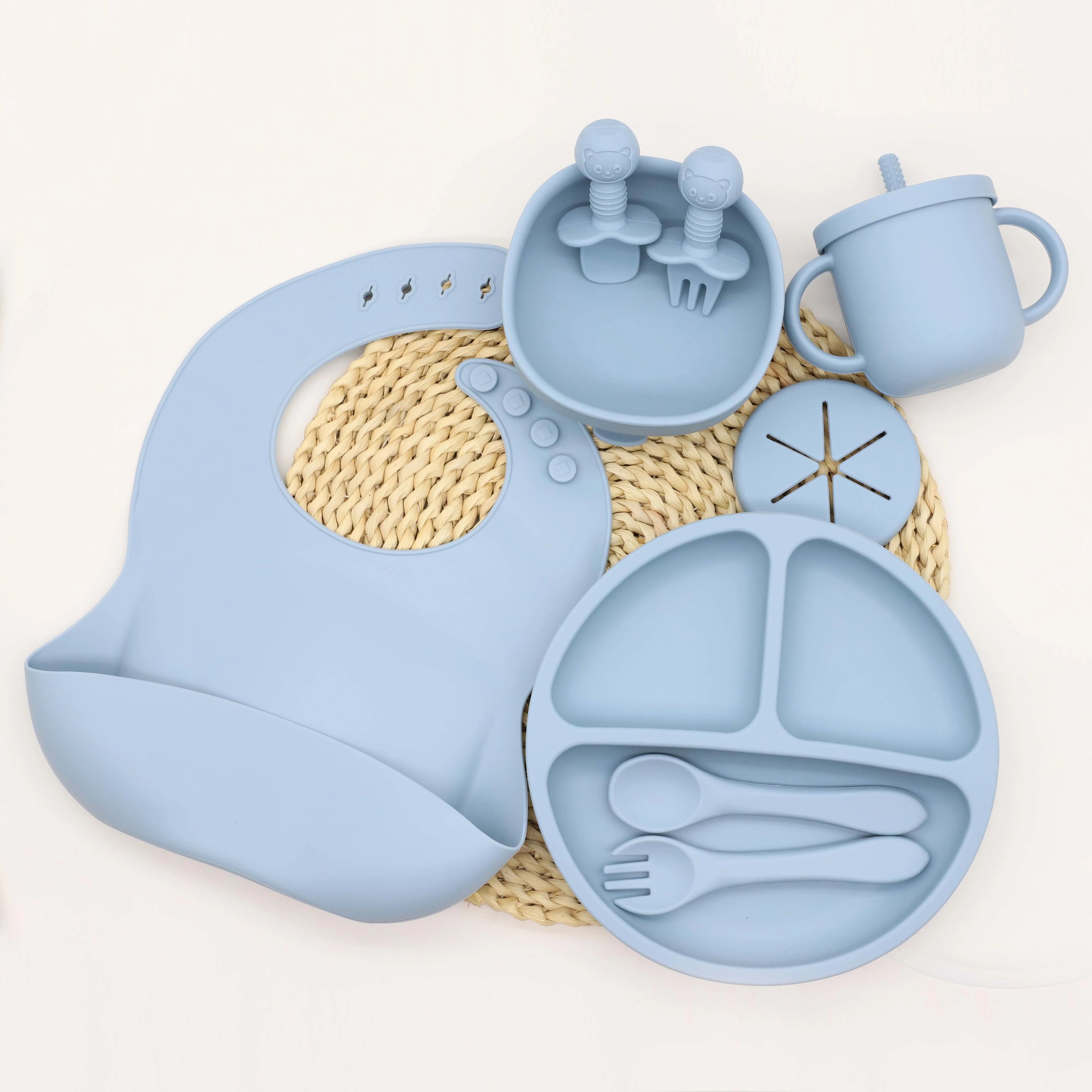 9pcs baby silicone tableware set, bib, dining plate, bowl with suction cup, 2-in-1 water cup, snack cup, spoon and fork