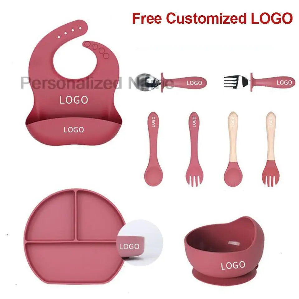 Free Custom Logo Baby Soft Silicone Sucker Bowl Plate Non-slip Squirrel Spoon Fork Sets Children's FeedingTableware  BPA Free