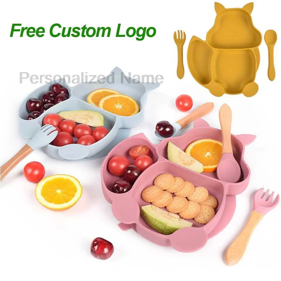 Free Custom Logo Baby Soft Silicone Sucker Bowl Plate Non-slip Squirrel Spoon Fork Sets Children's FeedingTableware  BPA Free