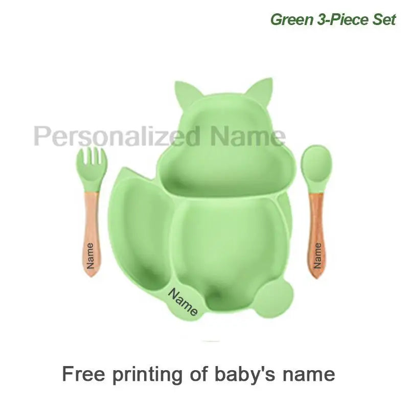 Free Custom Logo Baby Soft Silicone Sucker Bowl Plate Non-slip Squirrel Spoon Fork Sets Children's FeedingTableware  BPA Free
