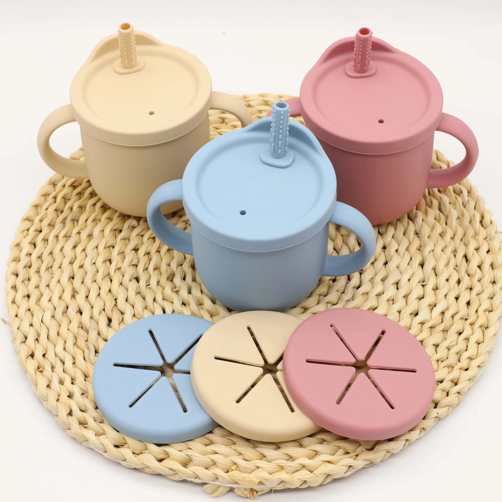 9pcs baby silicone tableware set, bib, dining plate, bowl with suction cup, 2-in-1 water cup, snack cup, spoon and fork