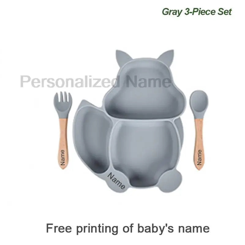 Free Custom Logo Baby Soft Silicone Sucker Bowl Plate Non-slip Squirrel Spoon Fork Sets Children's FeedingTableware  BPA Free