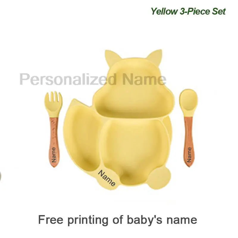 Free Custom Logo Baby Soft Silicone Sucker Bowl Plate Non-slip Squirrel Spoon Fork Sets Children's FeedingTableware  BPA Free