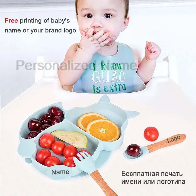 Free Custom Logo Baby Soft Silicone Sucker Bowl Plate Non-slip Squirrel Spoon Fork Sets Children's FeedingTableware  BPA Free