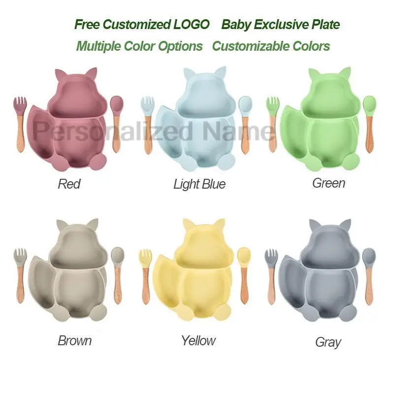 Free Custom Logo Baby Soft Silicone Sucker Bowl Plate Non-slip Squirrel Spoon Fork Sets Children's FeedingTableware  BPA Free