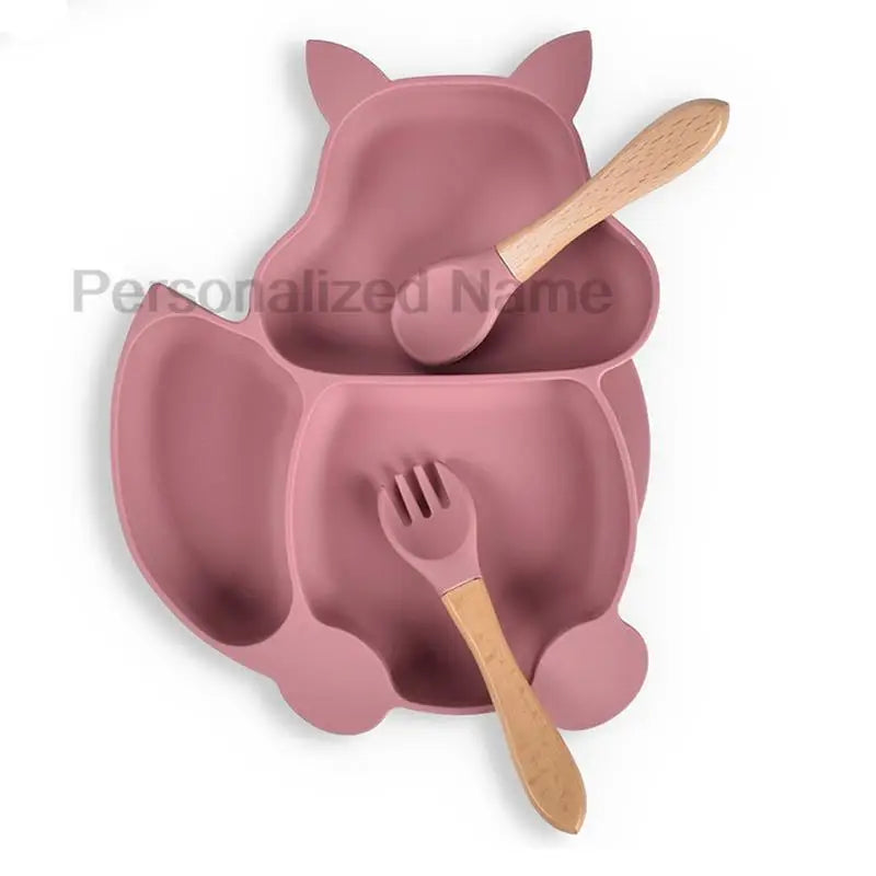 Free Custom Logo Baby Soft Silicone Sucker Bowl Plate Non-slip Squirrel Spoon Fork Sets Children's FeedingTableware  BPA Free