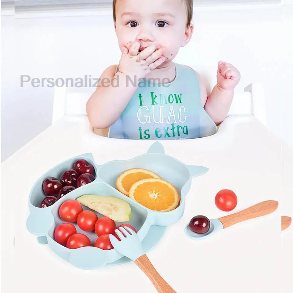 Free Custom Logo Baby Soft Silicone Sucker Bowl Plate Non-slip Squirrel Spoon Fork Sets Children's FeedingTableware  BPA Free