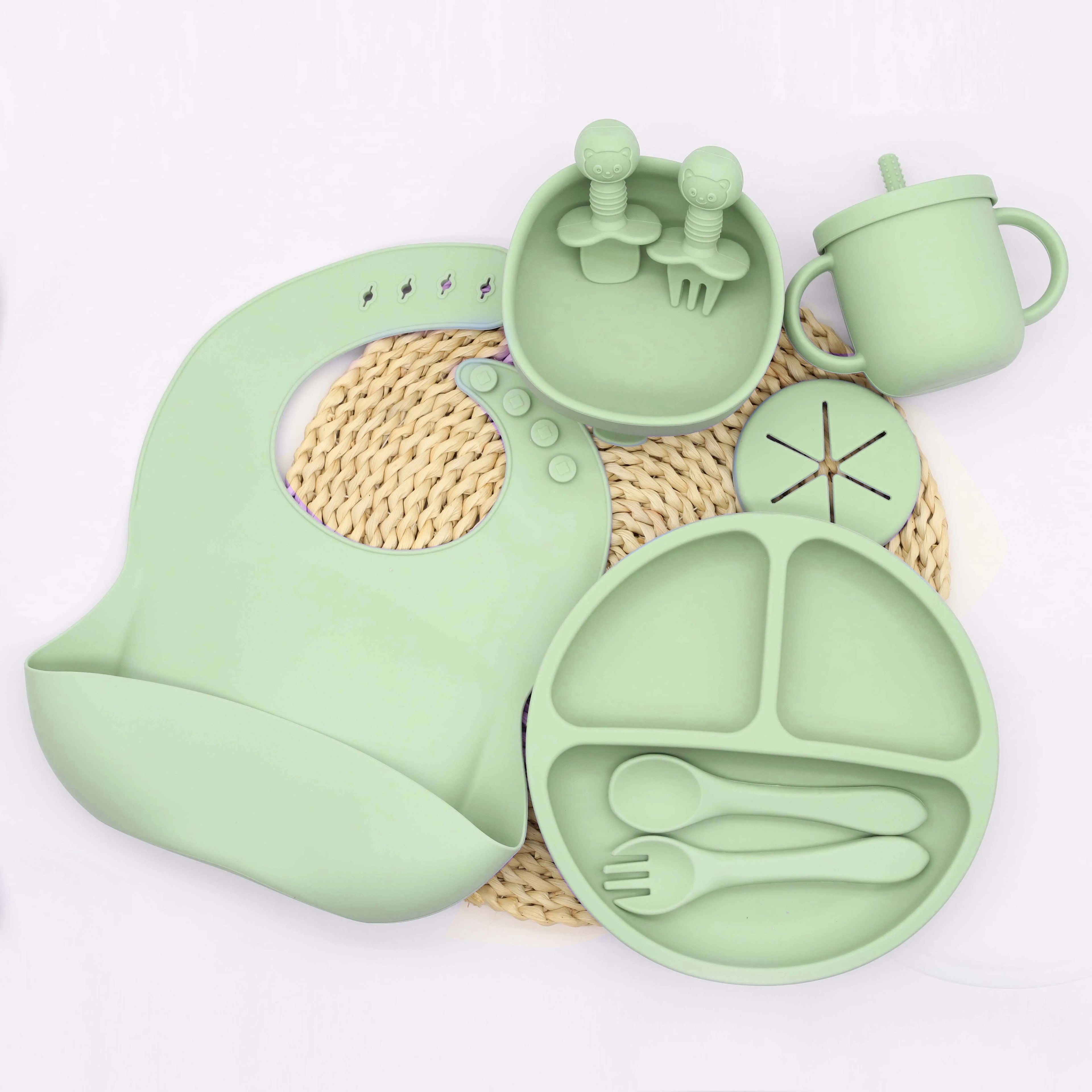 9pcs baby silicone tableware set, bib, dining plate, bowl with suction cup, 2-in-1 water cup, snack cup, spoon and fork