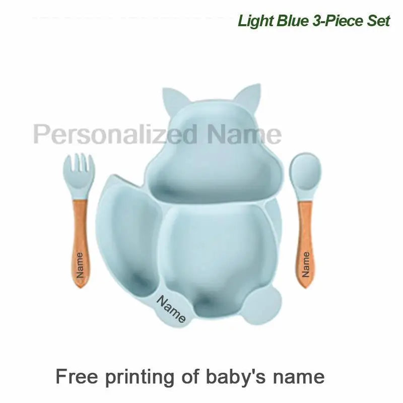 Free Custom Logo Baby Soft Silicone Sucker Bowl Plate Non-slip Squirrel Spoon Fork Sets Children's FeedingTableware  BPA Free